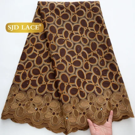 Swiss Voile African Cotton Lace Fabric Brown Orange, Yellow and gold
